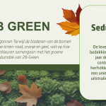 Afbeelding met informatie tekst over sedumdaken met een herfstblad en het logo van 2B-Green